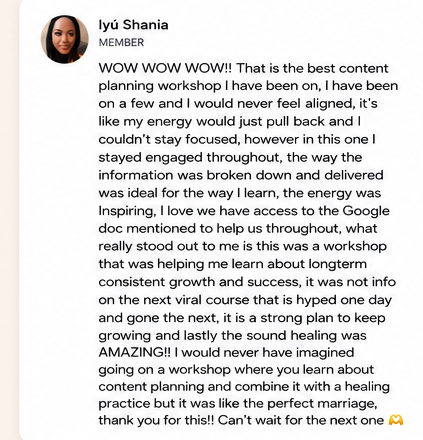 Member post from Iyú Shania about the content planning workshop